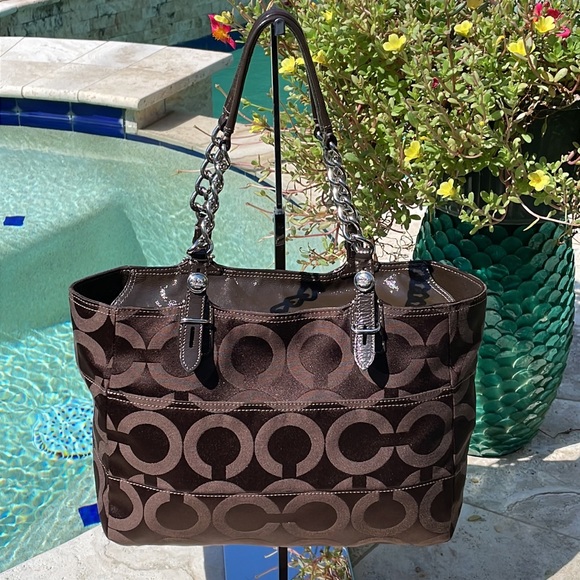 Coach Tribeca Madison Brown Op Art EW Shoulder/Tote w/Patent Leathr Trim/Handles - Picture 4 of 15